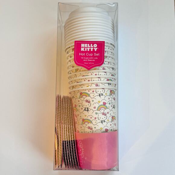 Hello Kitty Sanrio Hot Cups Set of 10 Cups with Lids and Sleeves Rainbow Clouds - Picture 4 of 9